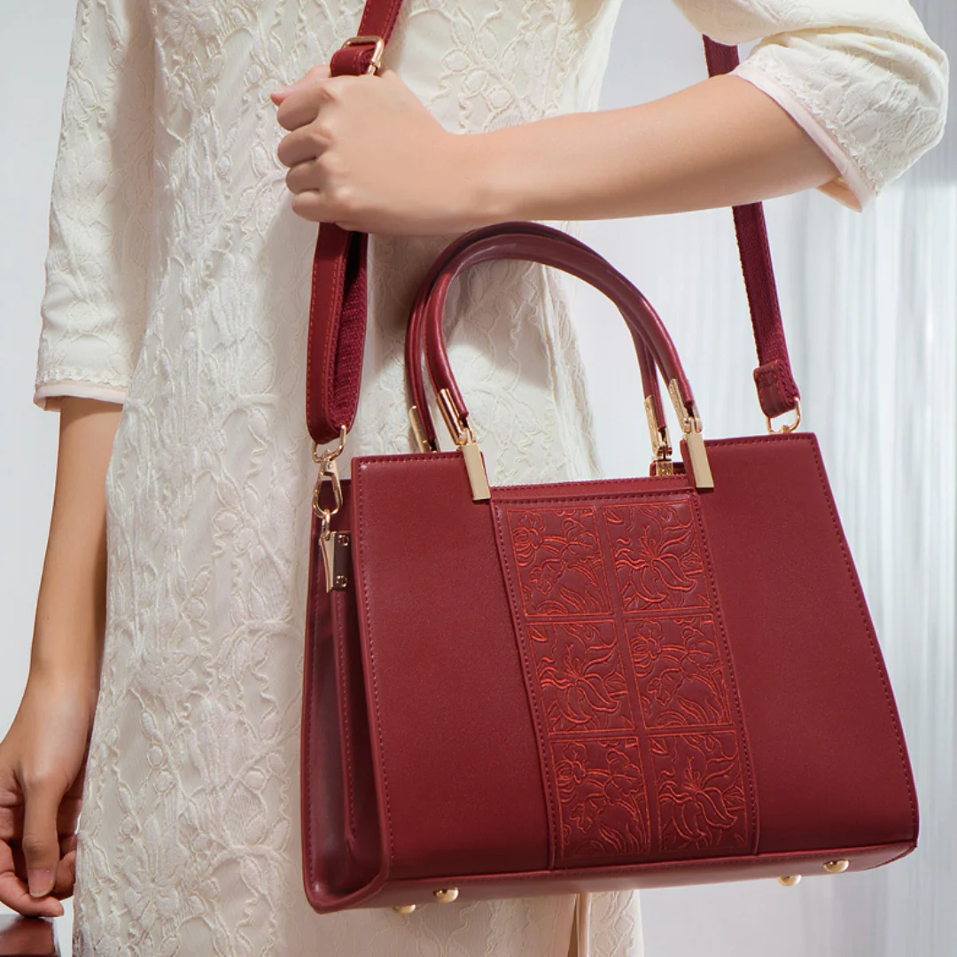 Tang Red 29 Embossed Floral Tote - Image 7